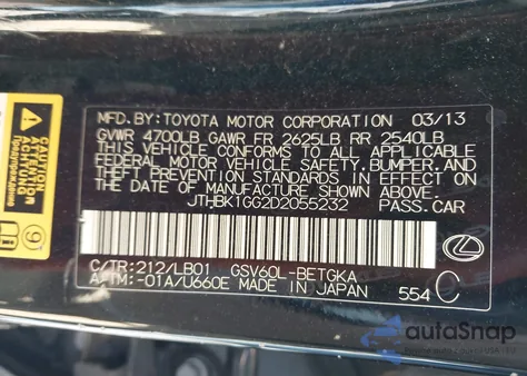 2013 Lexus Es 350 from USA, damaged, VIN JTHBK1GG2D2055232